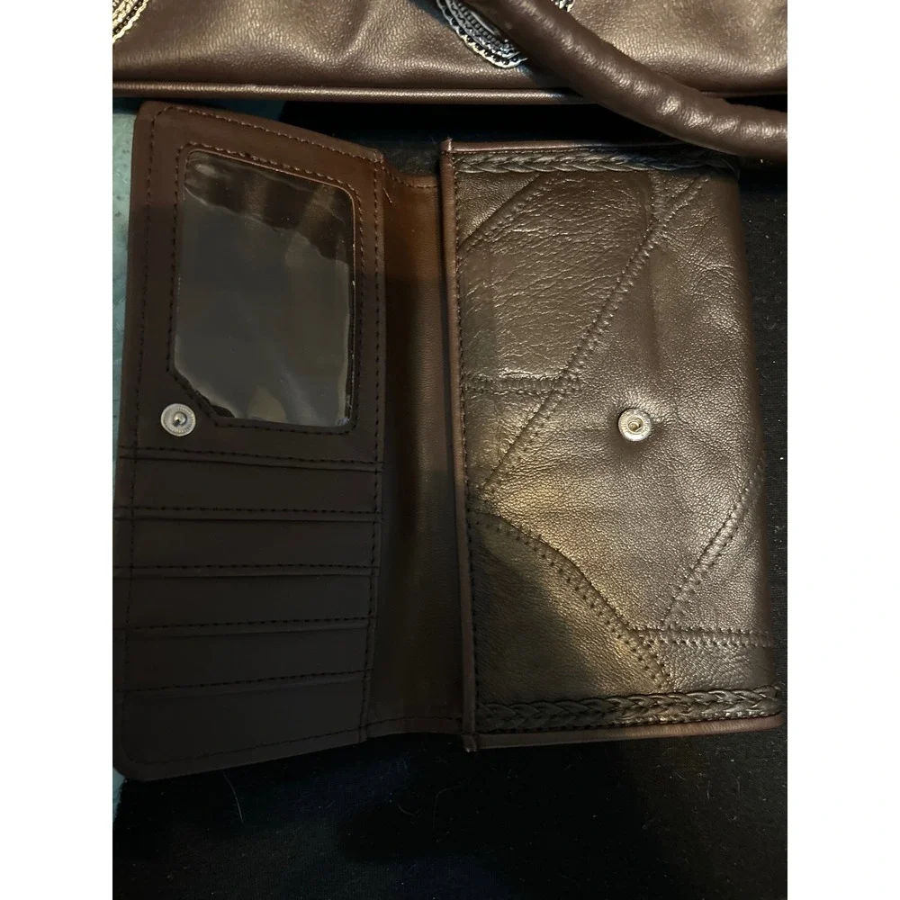 Vintage Brown Patchwork Leather Shoulder Bag & Wallet Set‎ Heart Concho Western - Picture 8 of 9